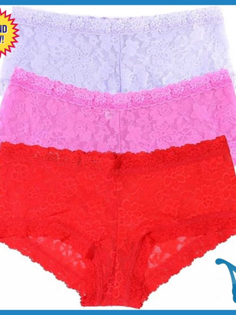 Soft Stretch Lace Boyshorts 3-Pack, Mid-Rise Full Coverage Panties